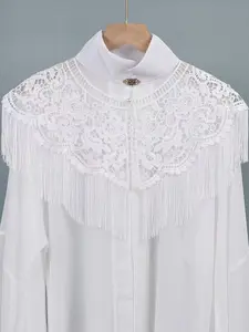 Elegant Lace Fringe Collar Scarf, Vintage Hollow Out Floral Cloud Shoulder, Detachable Hanfu Qipao Outerwear Accessory