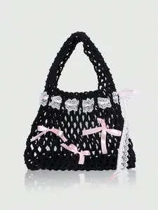 ROMWE Kawaii Ballet Style Pink Lace Bow Handbag, Cute Y2K Aesthetic Shoulder Bag, Black Woven Tote for Women’s Daily Wear