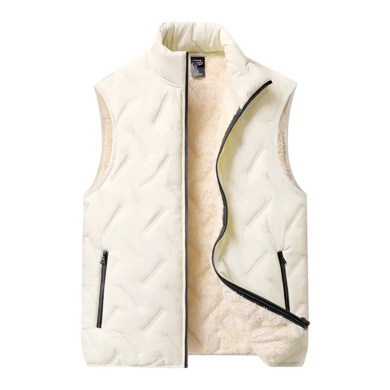 Men’s autumn/winter fleece vest, regular fit, polyester fiber, zipper design, easy care, casual style, medium weight, solid color sleeveless top, black crew neck, lightweight outerwear, beige