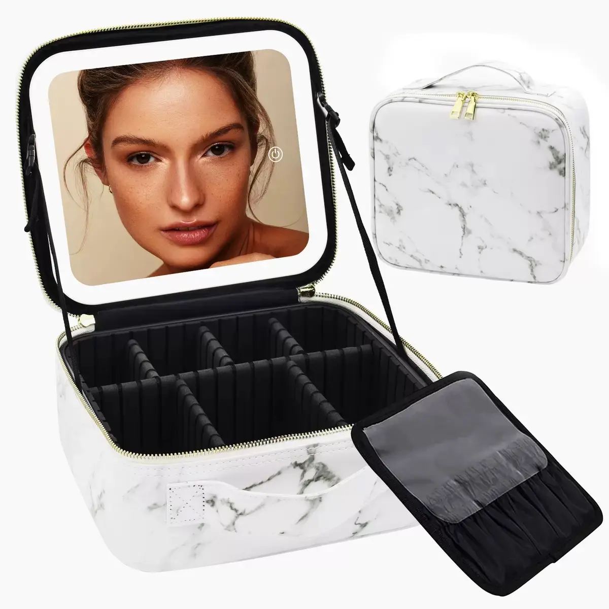 Portable Makeup Case with LED Mirror, Rechargeable Cosmetic Organizer & Travel Carrying Bag for Women with 3 Color Light Settings, Carrying Set Make-Up Bags