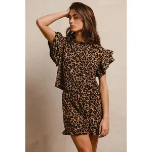BiBi Leopard Print Waffle Texture Layered Ruffle Sleeve Top and Shorts Set