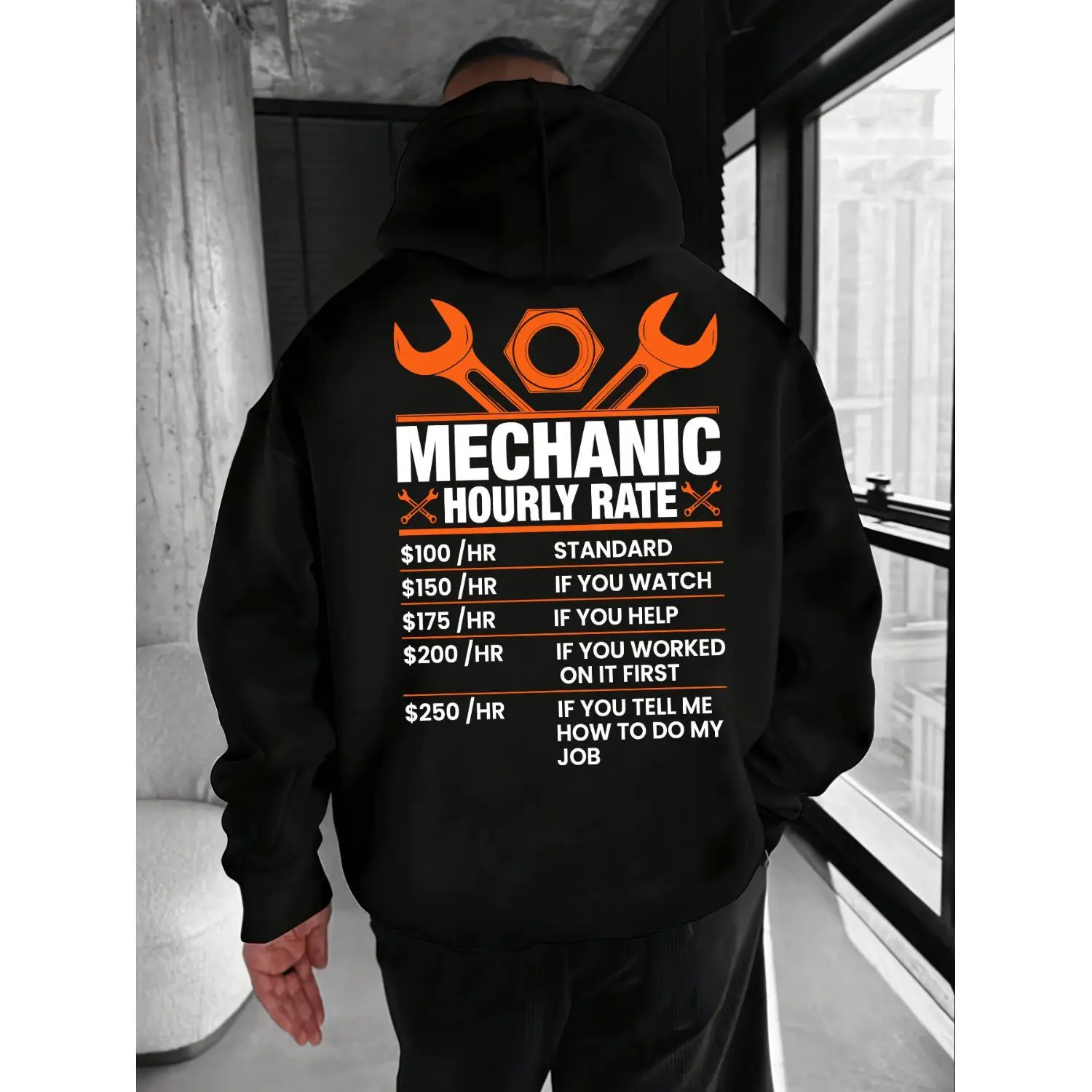 Labor Day Mechanic Hourly Rate Print Men's Hoodie Sweatshirt with Drawstring and Kangaroo Pocket Casual Comfortable Fashion Pullover