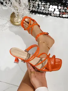 Women's High Heel Sandals with Buckle Strap, Plain Nude Color Square Toe, Two-Wear Design for Shopping, Dating, Party, Office, Commute