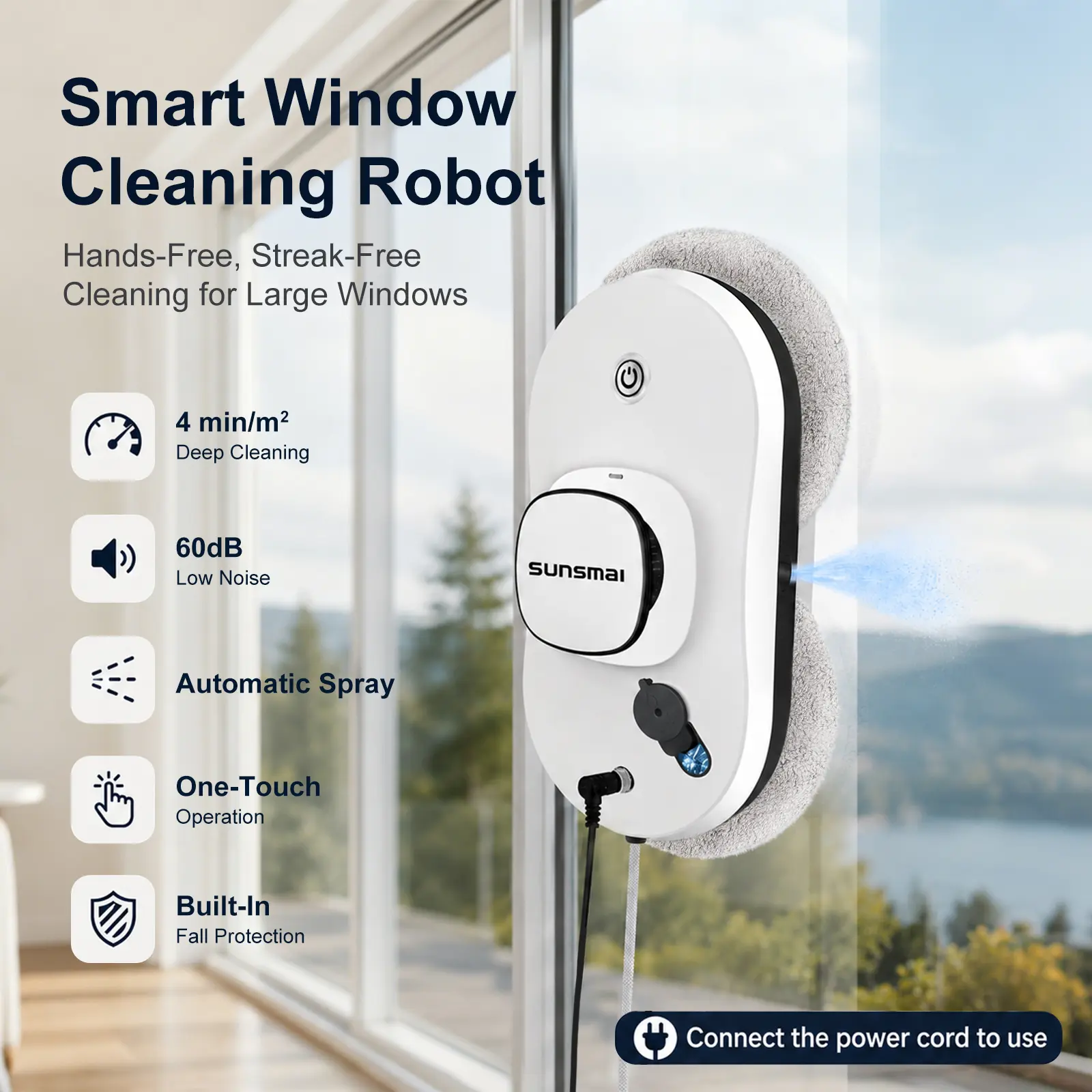 Sunsmai Hands-Free Window Cleaning Robot | 2800Pa Strong Suction, 3 Auto Cleaning Paths, Anti-Falling for High Rise Apartments & Glass Doors