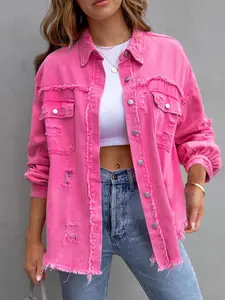 Women's Plain Ripped Raw Hem Button Front Drop Shoulder Coat, Casual Chic Pocket Long Sleeve Collared Outerwear for Daily Wear, Jackets