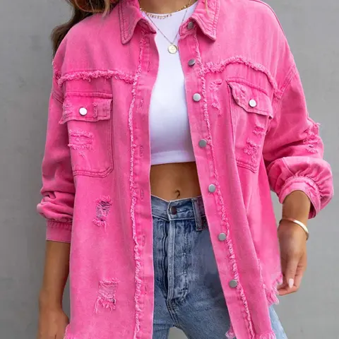 Women's Plain Ripped Raw Hem Button-Front Drop Shoulder Coat, Casual Fall Jacket, Casual Chic Pocket Long Sleeve Collared Outerwear for Daily Wear
