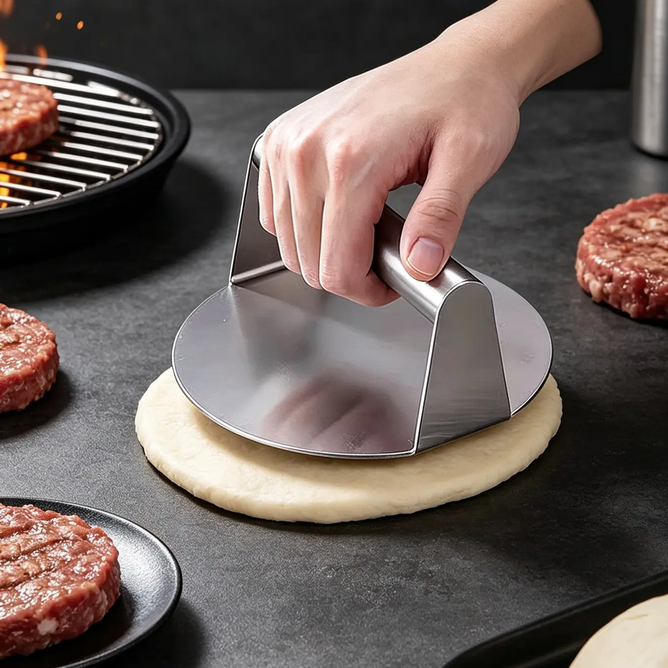 Multi-Functional Stainless Steel Dough Maker - Heavy-Duty Round Home Baking Specialty Kitchen Utensil, Kitchen Gadgets for BBQ Cooking, Burger Patty & Grill Tools