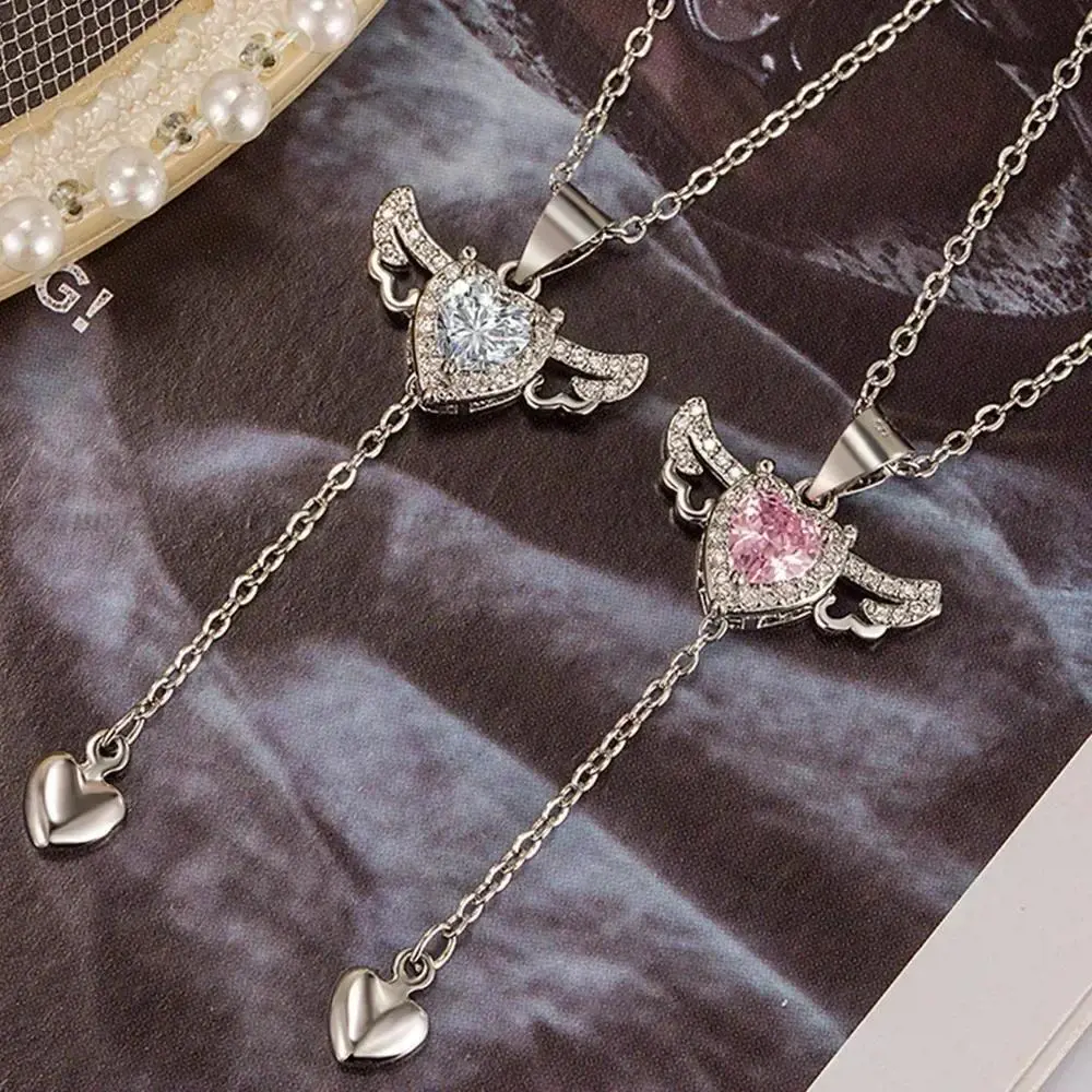 Women's 1pc Heartagram Pendant Choker Necklace - Long Chain Crystal Wing Metal Charm Jewelry, Aesthetic Daily Wear Accessory, Metal Charm Necklaces, Heartagram Pendant Necklaces