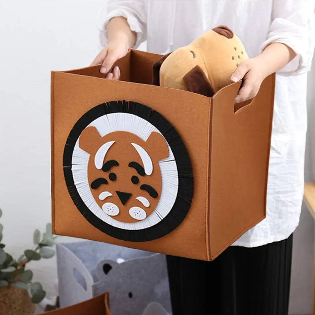 Foldable Cube Storage Box Animal Themed Felt Basket Container with Handles for Kids Toys, Books, Nursery Organisation Collapsible Storage Box