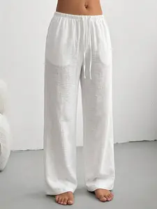 Women's High Waisted White Linen Breathable Wide Leg Pants Casual Loose Drawstring Straight Leg Trousers Minimalist Lounge Wear