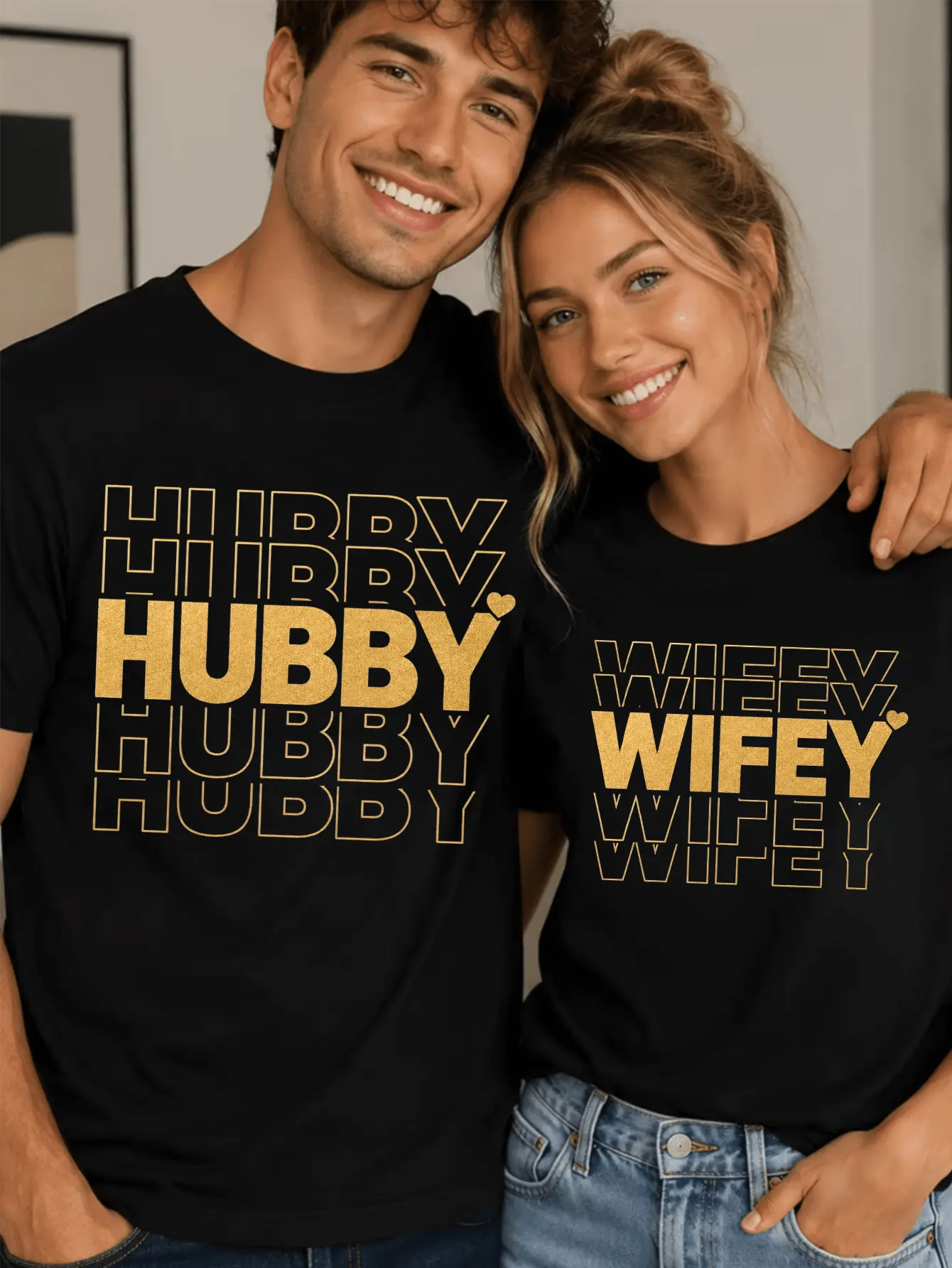 Couple Anniversary T-Shirt, Wifey Hubby Graphic Couple T-Shirt Design, Unisex Loose Fit Matching Couple Outfit, Romantic Wedding Anniversary Gift Short Sleeve Tee, Husband and Wife Photo Matching Tops