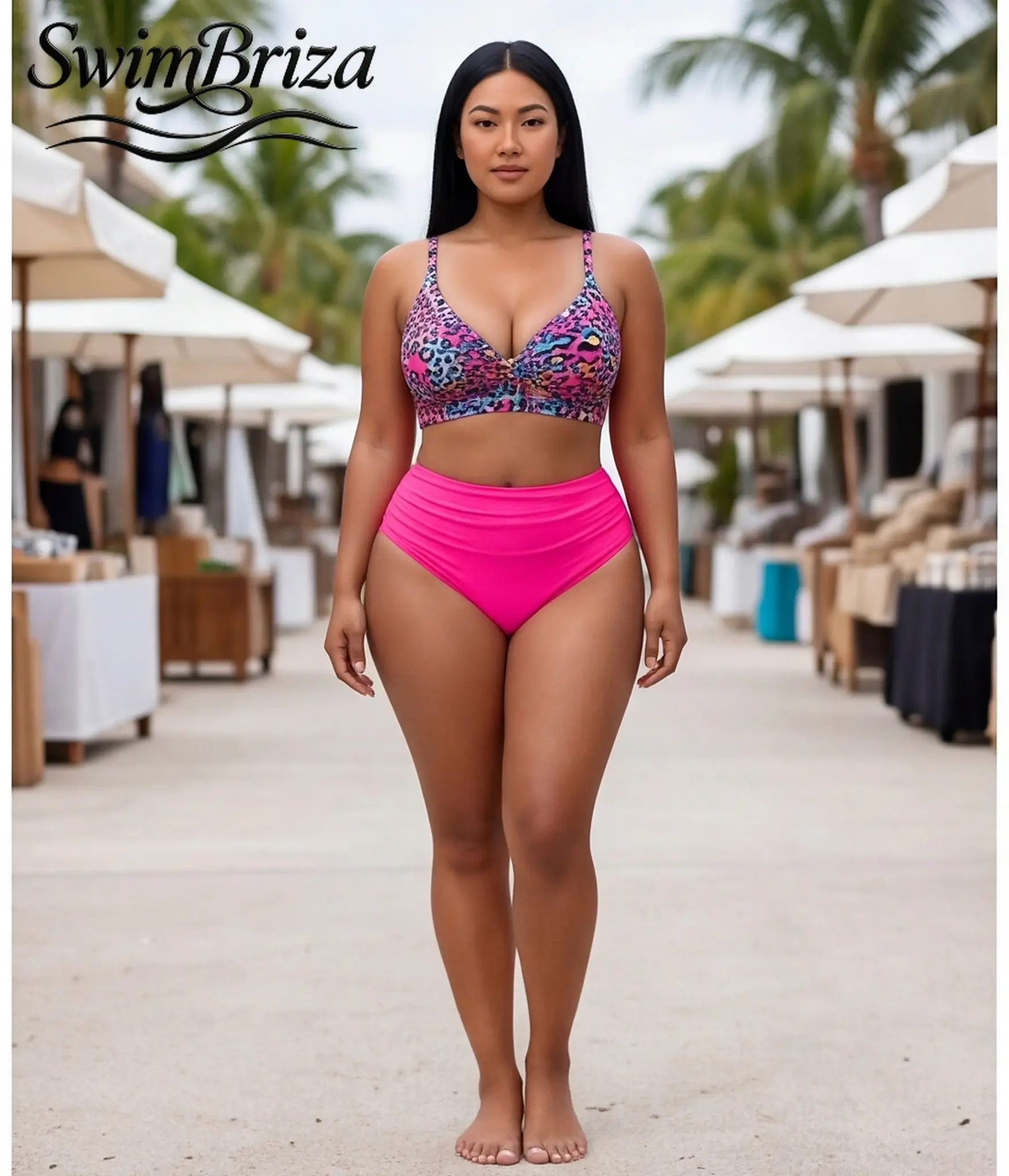Briza｜Plus Size Swimwear for Women Tummy Control High Waisted Bikini Sets Two Piece Bathing Suit Push Up Padded Neon Leopard Print Pink Cute Swimsuit Vacation Beach Pool Summer Resort Cruise Wear, Women's Swimwear, Bathing Suit for Women