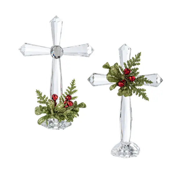 Mini Mistletoe Standing Cross - Clear Cross with Green Leaves & Berry Accents - Decorative Christmas Ornament