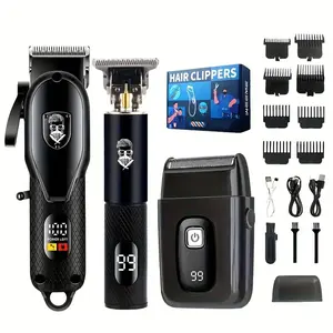 MFOWHAT Men's Hairdresser Set 3pcs Professional New Fashion Design Hairdresser with Display Rechargeable USB 8 Indicator Combs Trimmer And Razor Comes with Cleaning Brush And Comb Gift for Men