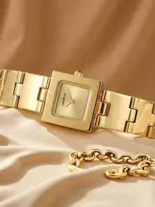 Women's Unique Square Dial Wristwatch, Two-Tone Gold & Silver Stainless Steel, 30M Waterproof Elegant Luxury Fashion Quartz Analog Watch for Daily Wear