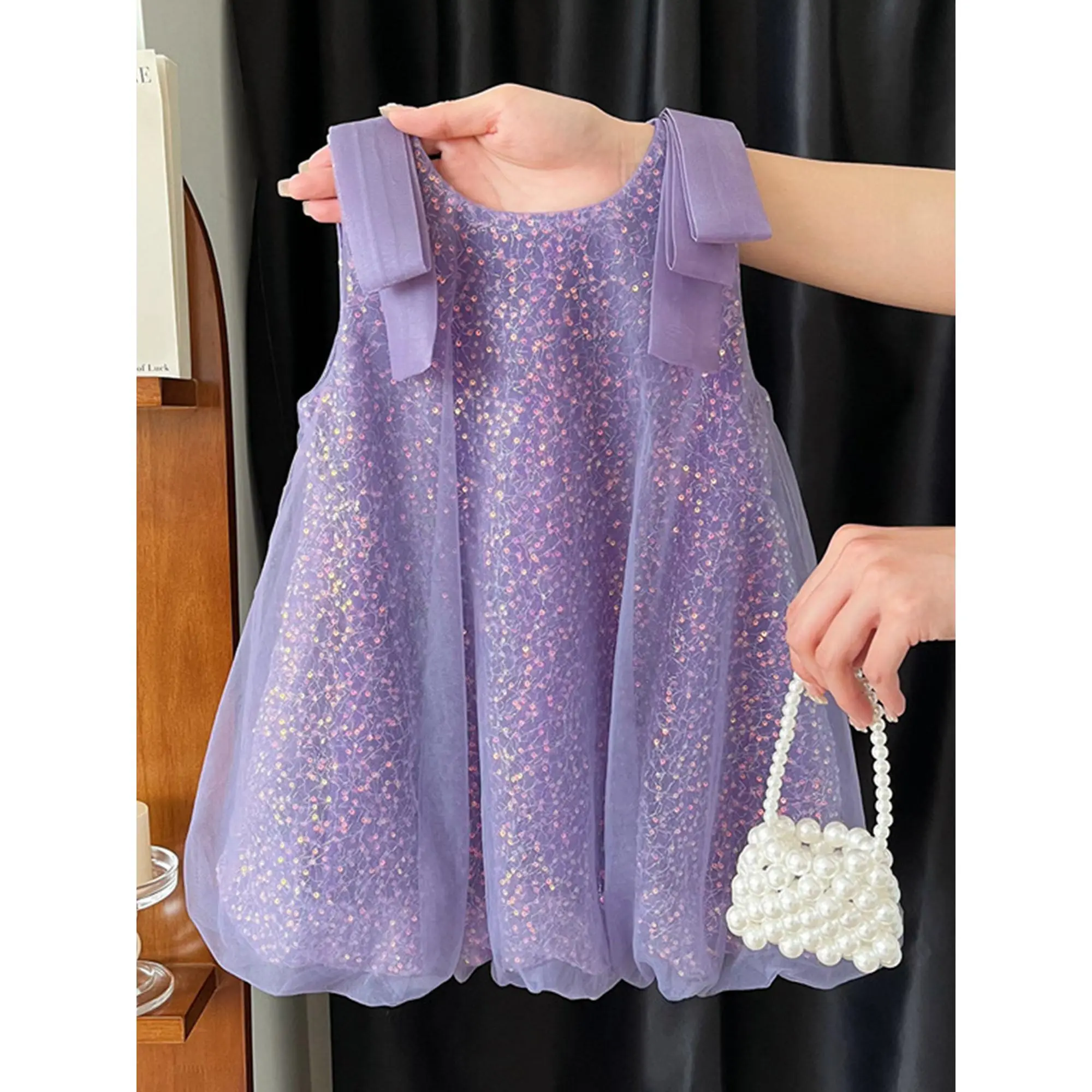 Girls' Sparkling Sequin Tulle Princess  - Sleeveless Bubble Hem Party  with Shimmering, Girl's Wedding Nutcracker Outfit, Spring Summer Dress