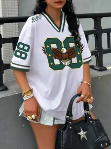 Women's Eagle Print V Neck Tee, Casual Fashion Streetwear Short Sleeve Fitted T-shirt for Summer, Ladies Clothes for Daily Wear, Top, Womenswear, Casual Comfy Tee, Casual Fashionable Top