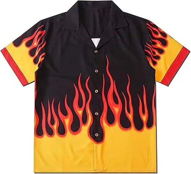 Men's Flame Graphic Hawaiian Shirt, Short Sleeve Tropical Button Up, Casual Summer Beach Vacation Wear #FlameStyle #AlohaShirt #BeachWear #SummerFashion