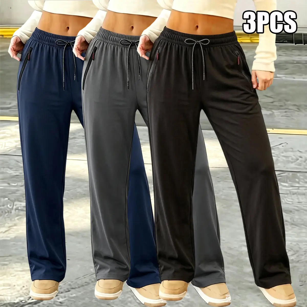 3-pack women’s solid-color loose long pants — fashionable casual trousers with pockets and an elastic waistband; suitable for spring and summer; relaxed fit, durable fabric, everyday wear, minimalist style, comfortable material.
