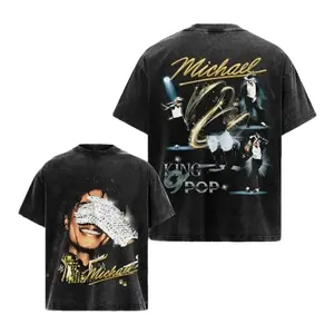 Menswear Vintage Michael Jackson Graphic Tshirt - Oversized Heavyweight Cotton Round Neck Short-Sleeve Streetwear Top, King of Pop Retro Washed Black Unisex Boxy Fit Crewneck, 90s Aesthetic Music Icon Angel Tribute Casual Apparel