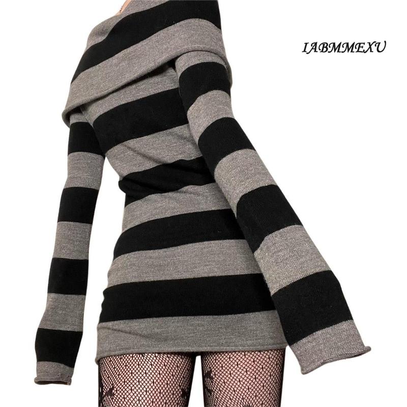 (influencer-approved) Women Gothic Dress Punk Off Shoulder Striped Knit Dress Y2k Fairy Grunge Dress Halloween Dark Academia Clothes Casual Long Sleeve comfortable  dress Summer Black Light Polyester Womenswear Boat Bodycon Check