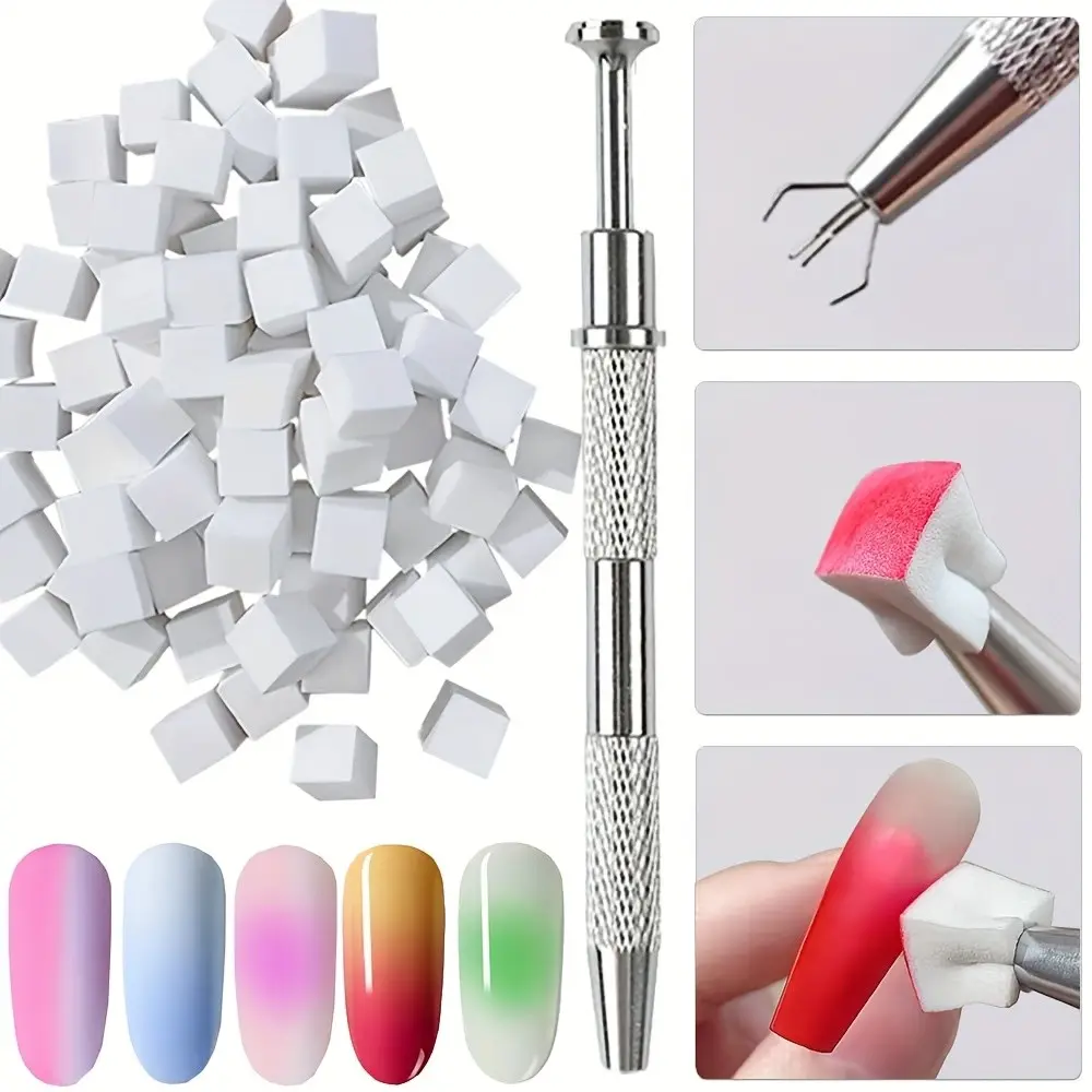 100pcs Nail Art Gradient Sponge Set, Includes Grip Pen & Storage Box, Soft Sponges for Nail Art Gradient & Stamp Polishing, Advanced Nail Painting Tool