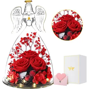Valentines Day Gifts for Women Birthday Preserved Rose Forever Flower in Glass Angel Figurines   for Delivery for Mom Real Colorful Roses for Grandma Wife Her from Daughter