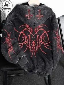 Y2K Rock Wash Full Zip Hoodie, Gothic Cross and Tribal Thorn Graphic, Loose Casual Vintage Warm Sweatshirt, Unisex Dark Streetwear Jacket, Graphic Hoodies