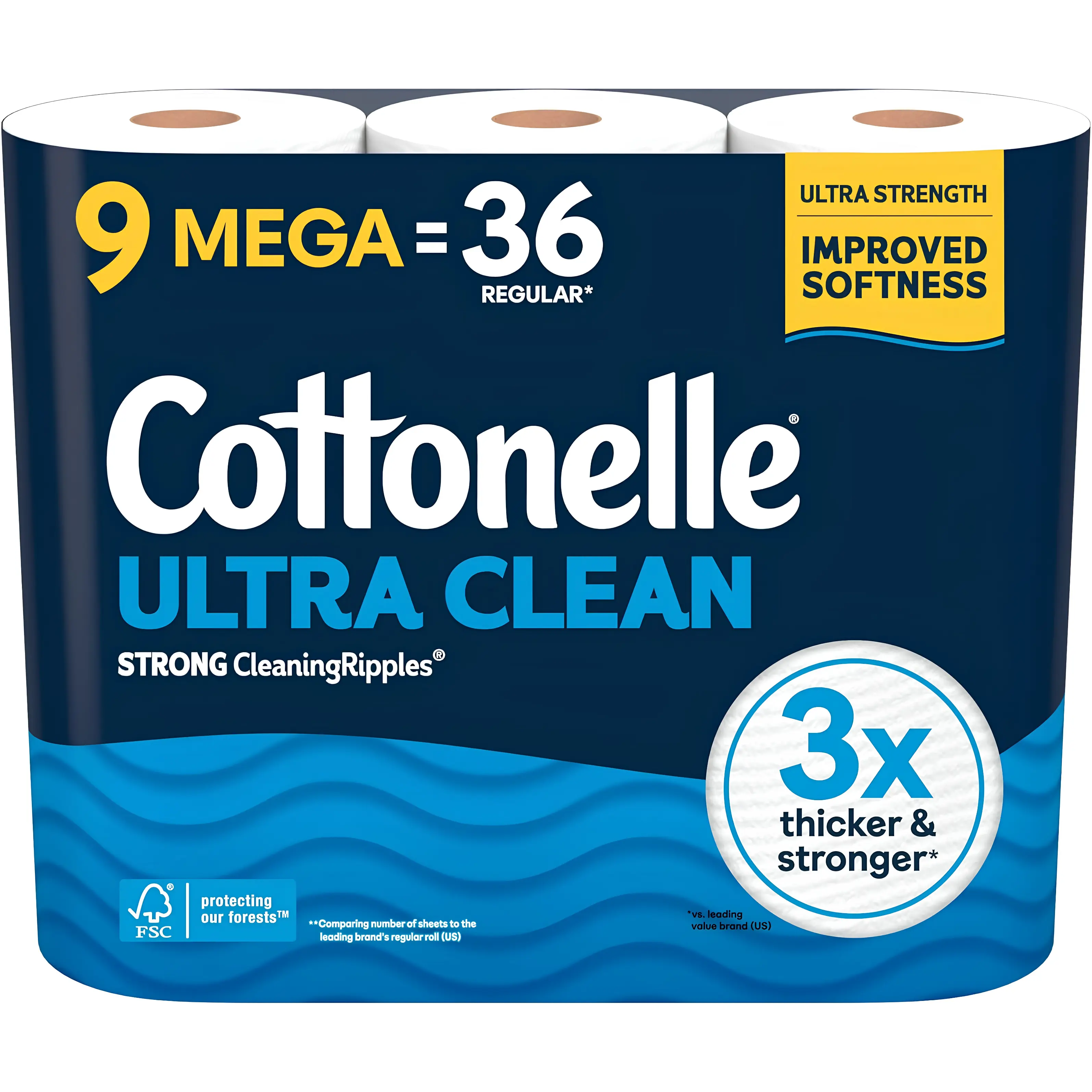 Cottonelle Ultra Clean Soft 1-Ply Unscented Toilet Paper, 9 Mega Rolls (Equals 36 Regular Rolls), Biodegradable Septic-Safe Bath Tissue with CleanRipple™ Active Texture, 284/Sheet Long-Lasting Premium Home Supply, Packaging May Vary