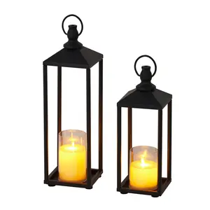 Garvee 13''17'' Black Metal Lanterns Set of 2, Large Outdoor Candle Lanterns for Porch Christmas Decor, Modern Farmhouse Flameless LED Floor Lantern Indoor Mantle,Patio,Garden Christmas Decorations