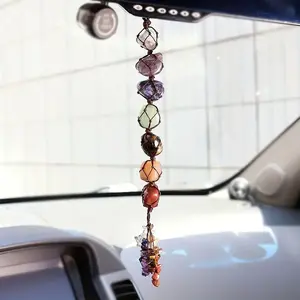 Healing Crystal Car Hanging Ornament, 7 Chakra Stone with Chip Stone Tassel, Energy Balance Meditation Yoga Home Decor, Car Interior Decoration