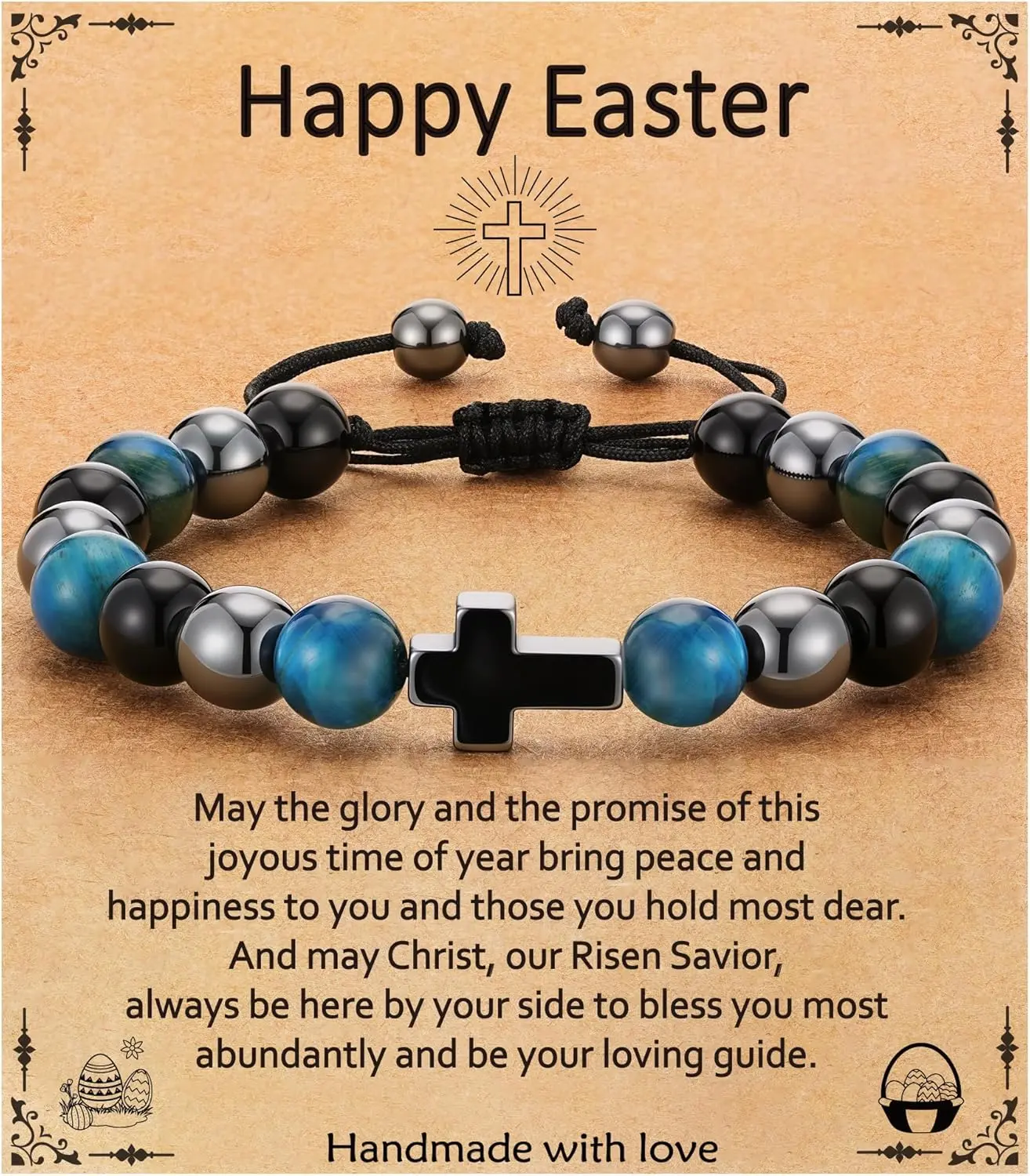 Easter Basket Stuffers for Boys Kids Teens- Cross Bracelet Adjustable Natural Beaded Bracelets Easter Basket Essentials Christian Religious Jewelry Gifts for Teen Teenage Boys