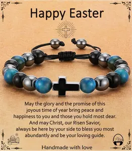 Easter Basket Stuffers for Boys Kids Teens- Cross Bracelet Adjustable Natural Beaded Bracelets Easter Basket Essentials Christian Religious Jewelry Gifts for Teen Teenage Boys