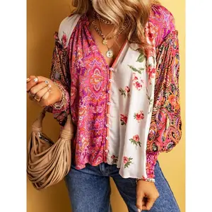 Women's Floral Patchwork Print Frill Trim Button Front Blouse, Raglan Sleeve V Neck Top for Spring & Fall, Women's Clothes for Daily Wear