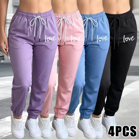 Set of 4 women’s casual long pants with elastic waistband design, solid color, cuffed legs; suitable for outdoor sports, everyday wear, and commuting; women’s bottoms, womenswear