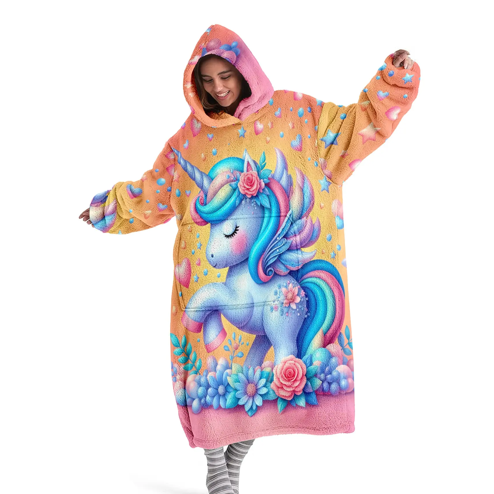 Hooded Blanket, Wearable Blanket, Cozy Chic Blanket, Soft Comfy Blanket, Digital Print Flannel Soft and Warm Blanket with Colorful Winged Unicorn Design Sofa Throw Blanket Office,Bed,Camping, Travel Holiday Gift, Blanket Gifts