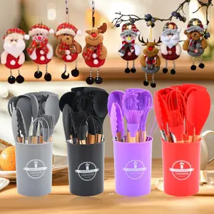 13-Piece Silicone Kitchen Tool Set with Christmas Decorations, Wooden Handles, Non-Stick Spatula Spoon Mixer, Perfect for Holidays & Baking, Wooden Cooking Tools