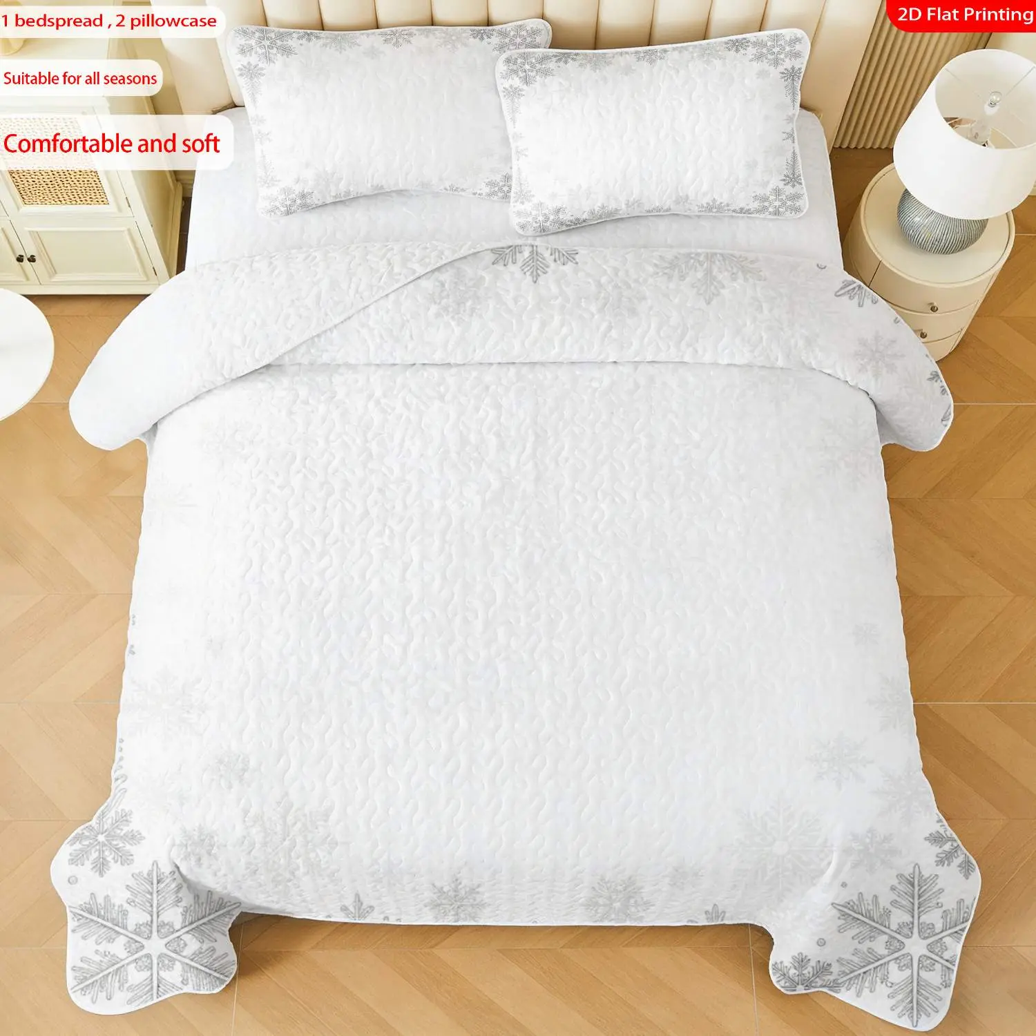 3pcs, 2D flat print Snowflake Pattern Winter Theme Quilted Bedspread Set multiple sizes available, bedding set, festive decorative bedding, ideal for bedroom décor(1 bedspread , 2 pillowcase)