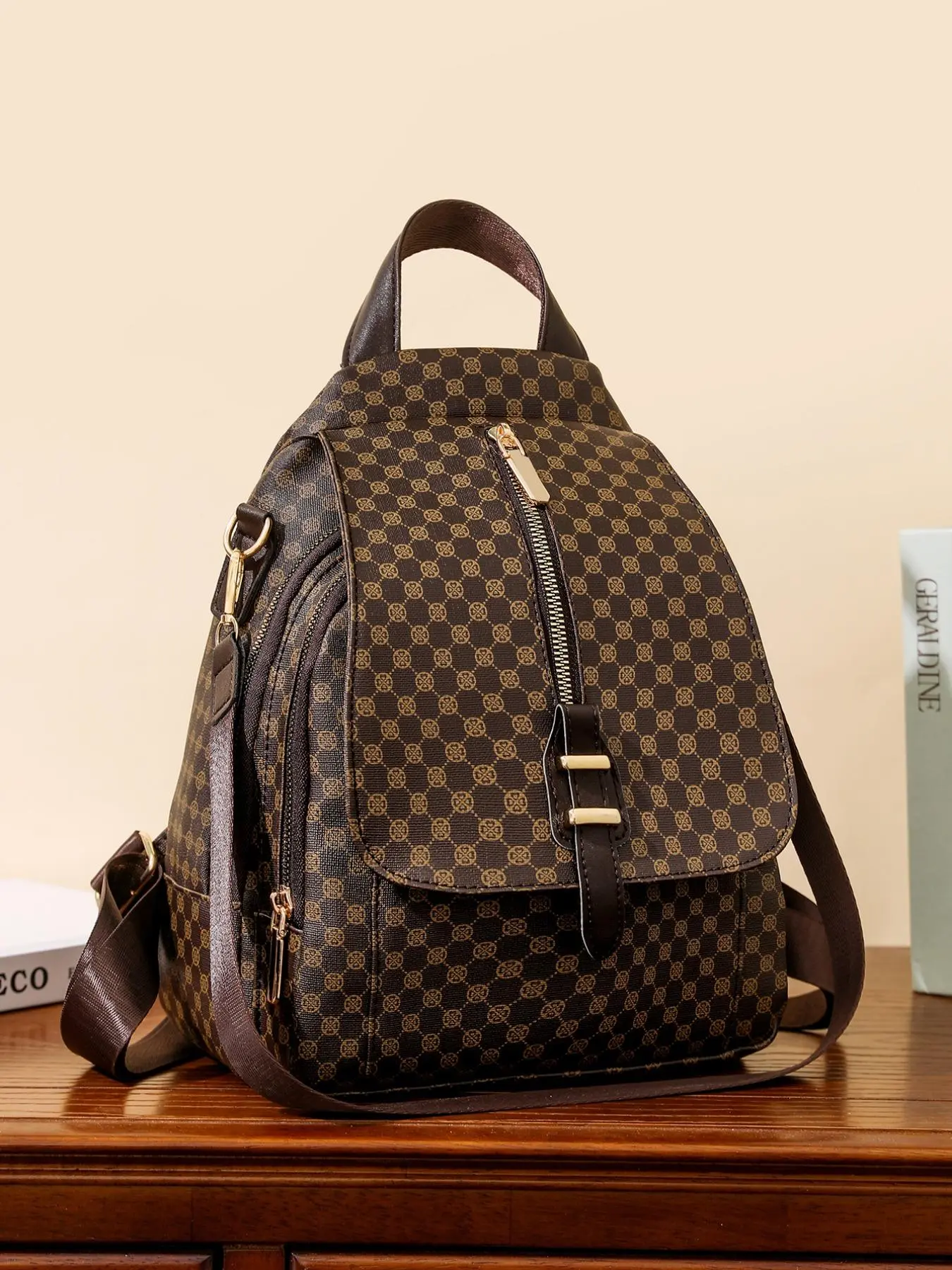Fashionable PU Leather Geometric Pattern Backpack, Casual 