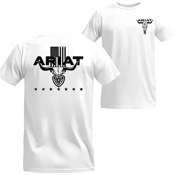 Men's Ranch Core Aesthetic Short-Sleeve Round Neck T-Shirt, Heavyweight Double-Sided Print Casual Streetwear, Punchy Western Wear White Crewneck Top