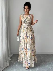New Floral Sleeveless Long Dress, Waist-Cinch Flowy Bohemian Style Women's Dress, Elegant and Comfortable Evening Wear