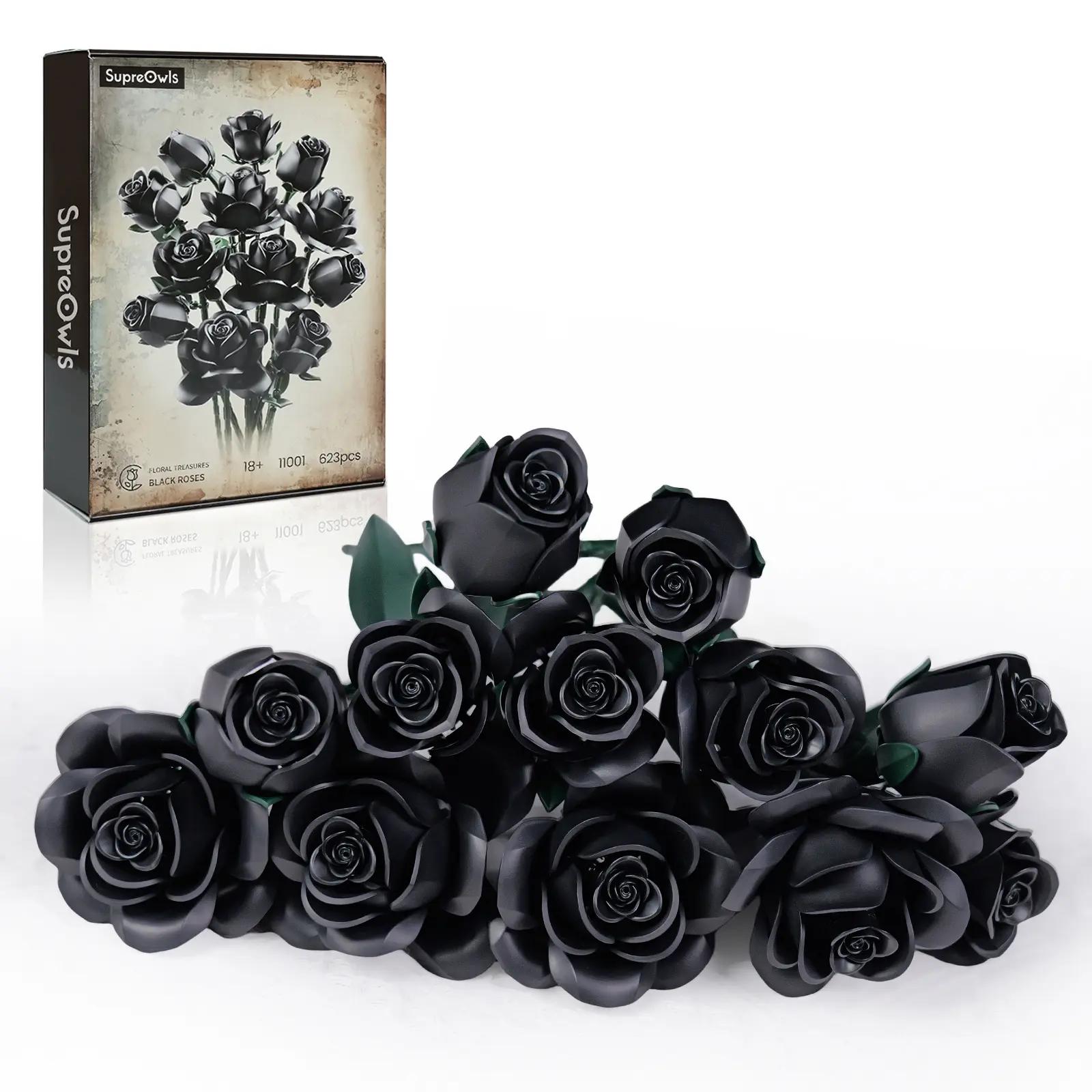 Supreowls Black Rose Bouquet Blocks – Eternal Artificial Flower Set for Romantic Decor, DIY Display Gift for Her, Ideal for Valentine's Day & Christmas Gift or Dark Aesthetic Lovers