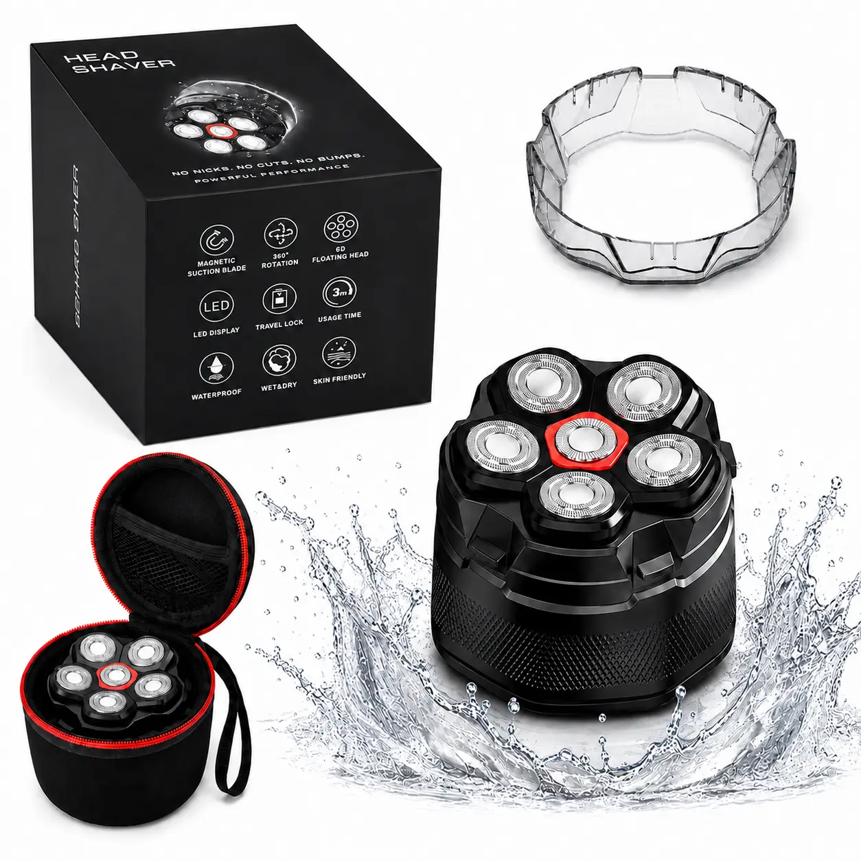 6D Electric Head Shaver for Bald Men, Waterproof Wet & Dry Rotary Razor with Magnetic Flex Heads and USB-C Charging, Cordless Skull Shaver, Black