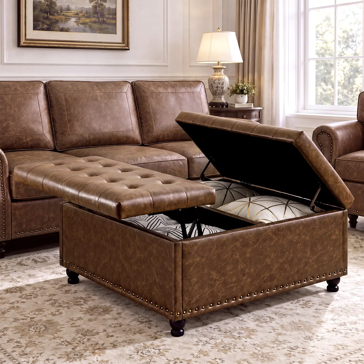 Tbfit Large Storage Ottoman Coffee Table - Tufted Upholstered Lift Top Ottoman Bench with Hidden Storage, Solid Wood Legs, Rivet Detail Charm, 35.5" Size, 300 lb Support, Extra Seat & Table for Living Room Decor, Tiktokshopstockup