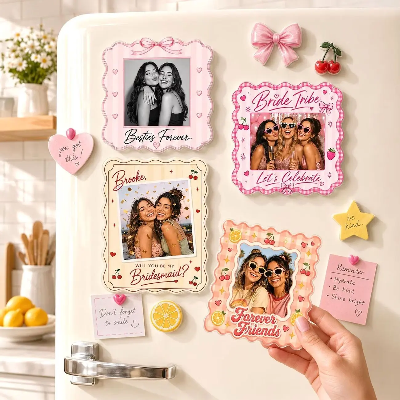 Personalized Besties Photo Strip Magnet, Custom Gingham Photo Booth Fridge Magnet, Best Friend Acrylic Keepsake, Birthday Gift for Bestie