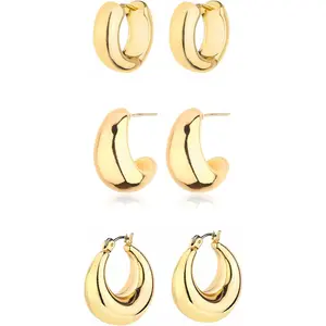 Chunky Hoop Earrings Set for Women, 14K Gold Plated Twisted Huggie Hoop Earring Hypoallergenic, Thick Open Hoops Set Lightweight Surgical Steel CZ Piercing Jewelry Set