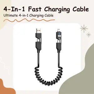 5 FT Long Biboshi 4-In-1 Spring Data Transfer and  Fast Charging Cable, Sync, Lighting, USB To Type-C, USB To Lightning, Type-C To Type-C, Type-C To Lighting, 65W Fast Charge,