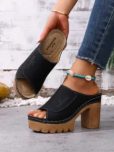 New Summer 20256 Women's Solid Color Thick Heel Fashion Slippers, Open Toe One-Strap Waterproof Platform High Heel Sandals, Lightweight Lazy Slip-On Design Without Tiring Feet, Suitable for Commuting, Work, Dates and Shopping, Slimming, Versatile and Eleg