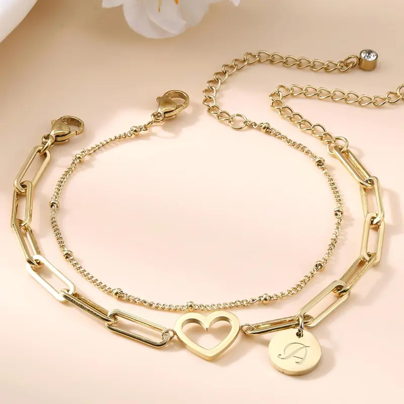 Sanfenly Women's Personalized Initial Stackable Bracelet Set - 14k Gold Plated Stainless Steel, A-Z Letter Heart Charm, Adjustable Size, Female Hypoallergenic Lead-Free Nickel-Free Heart Design Bracelet