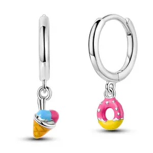MULA Cute Dessert Hoop Earrings, S925 Silver-plated with Donut and Ice Cream Charms, Colorful Enamel Candy Jewelry, Suitable for Girls, Women, Summer Parties, Birthdays and Holiday Gifts